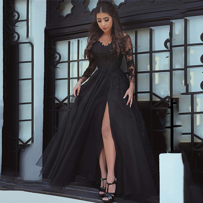 Sexy A Line Black Lace Long-Sleeved Slit Prom Evening Dresses MyChicDress