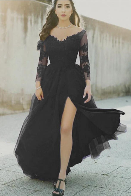 Long sleeve burley black prom dress lace