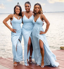 Sexy A line V neck Light Blue Chiffon Beach Bridesmaid Dresses Spaghetti Straps MyChicDress