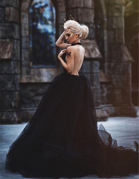 Sexy Ball Gown Black Wedding Dresses Tulle Halter Gothic Gown MyChicDress