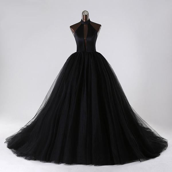 Sexy Ball Gown Black Wedding Dresses Tulle Halter Gothic Gown MyChicDress