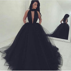 Sexy Black Ball-Gown Prom Dresses Tulle V-Neck Evening Gowns - MyChicDress