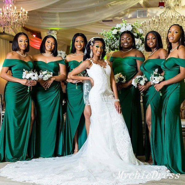 Sexy Black Girl Emerald Green Bridesmaid Dresses Off Shoulder Mermaid Soft Satin MyChicDress