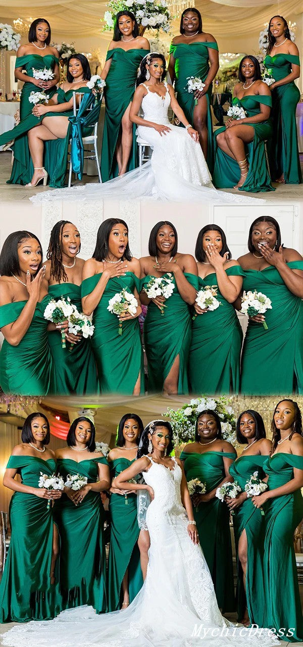 Sexy Black Girl Emerald Green Bridesmaid Dresses Off Shoulder Mermaid Soft Satin MyChicDress