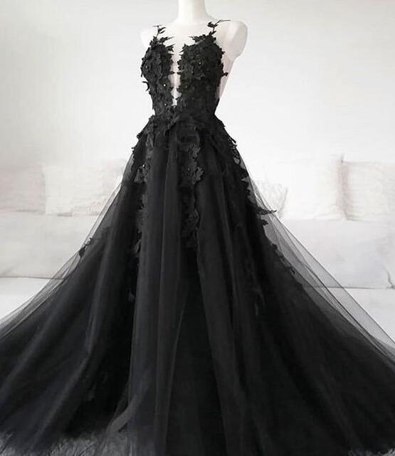 Sexy Black Lace Gothic Wedding Dresses Tulle Backless With Veil Free - MyChicDress