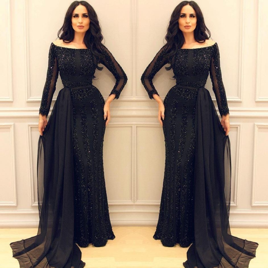 Sexy Black Long Sleeves Sequined Prom Dresses Off-the-Shoulder - MyChicDress