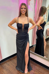 Sexy Black Prom Dresses Beaded Mermaid Long Evening Dress with High Slit MyChicDress