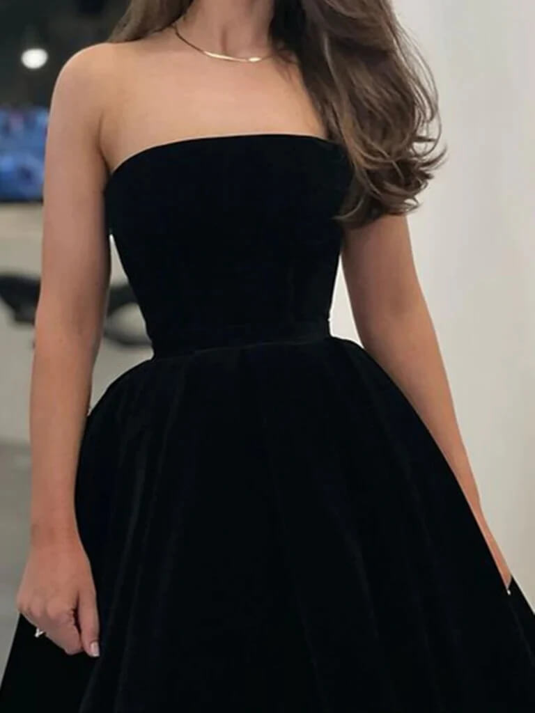 Sexy Black Velvet Wedding Guest Dress Strapless Knee Length Prom Dresses Short MyChicDress