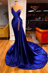 Sexy Blue Long V Neck Satin Evening Dresses Mermaid with High Split MyChicDress