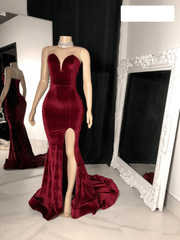 Sexy Burgundy Velvet Wedding Guest Dress V neck Mermaid Prom Dresses MyChicDress