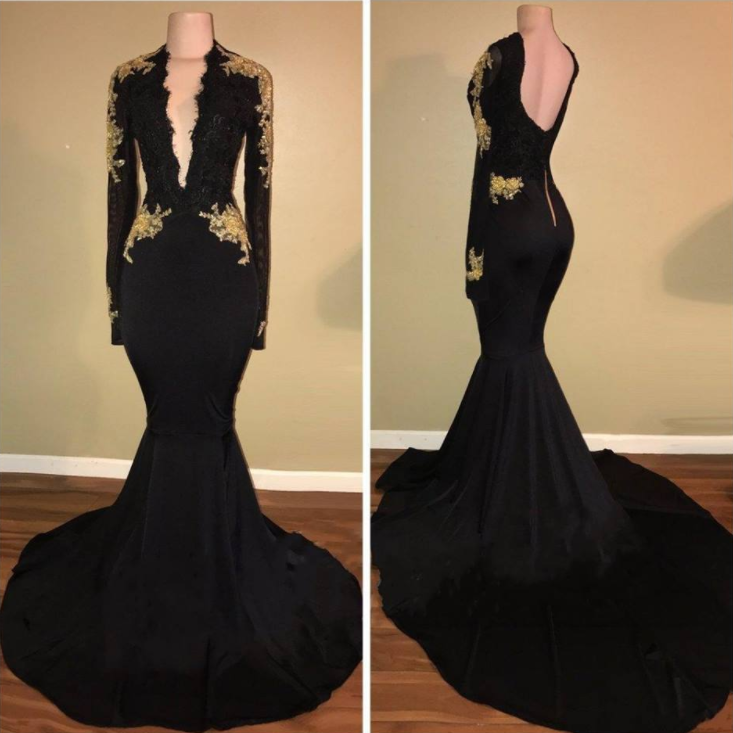 Sexy Deep V-Neck Long Sleeves Black Gold Prom Dresses - MyChicDress