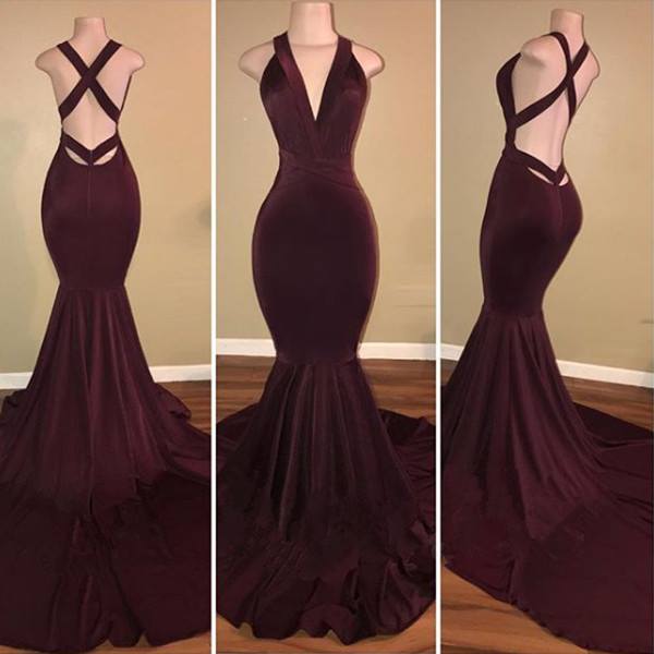 Sexy Deep V Neck Mermaid Velvet Burgundy Prom Dresses - MyChicDress