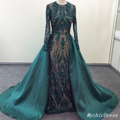 Sexy Emerald Green Lace Prom Dresses Long Sleeves with Detachable Train MyChicDress