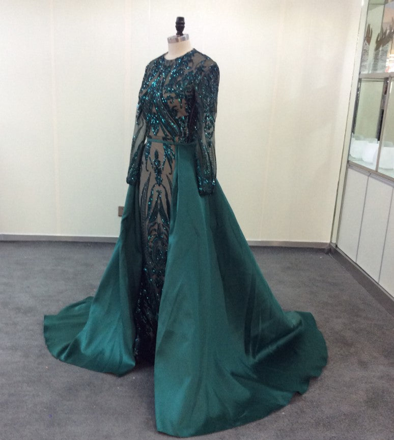 Sexy Emerald Green Lace Prom Dresses Long Sleeves with Detachable Train MyChicDress