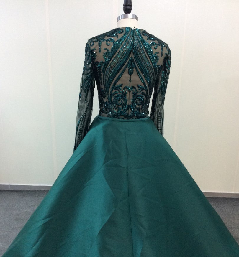 Sexy Emerald Green Lace Prom Dresses Long Sleeves with Detachable Train MyChicDress