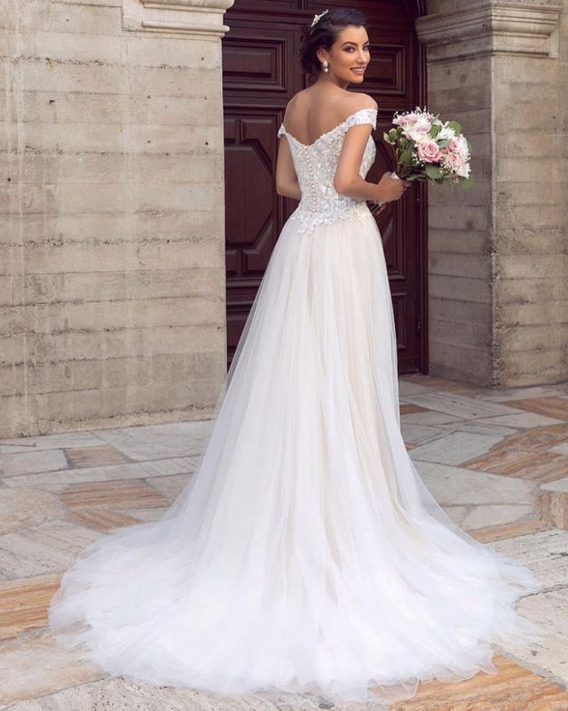 Sexy Floor Length Off the Shoulder Lace Ivory Wedding Gowns MyChicDress