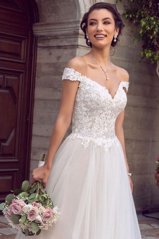 Sexy Floor Length Off the Shoulder Lace Ivory Wedding Gowns MyChicDress