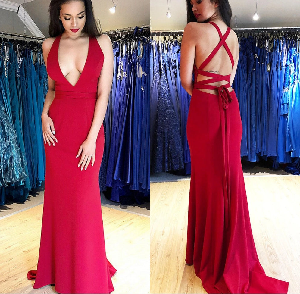 Sexy Halter Backless Lace Red Prom Dresses - MyChicDress