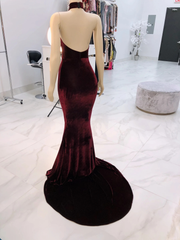 Sexy Halter Burgundy Winter Wedding Guest Dresses Velvet Prom Dresses Sleeveless MyChicDress