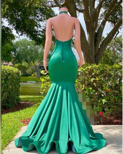 Sexy Long Green Lace Prom Dresses Open Back Mermaid Halter Dress MyChicDress