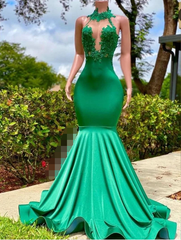 Sexy Long Green Lace Prom Dresses Open Back Mermaid Halter Dress MyChicDress