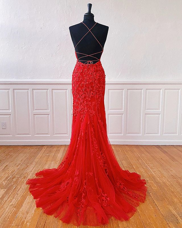 Sexy Long Lace Red Prom Dresses Open Back - MyChicDress