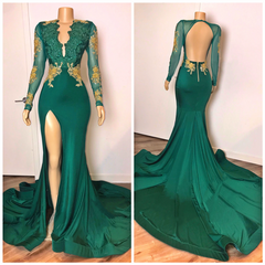 Sexy Long Sleeves Emerald Green Prom Dresses On Sale Open Back Side Slit MyChicDress