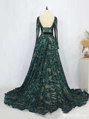 Sexy Long Sleeves Green Lace Prom Dresses Open back MyChicDress