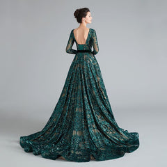 Sexy Long Sleeves Green Lace Prom Dresses Open back MyChicDress