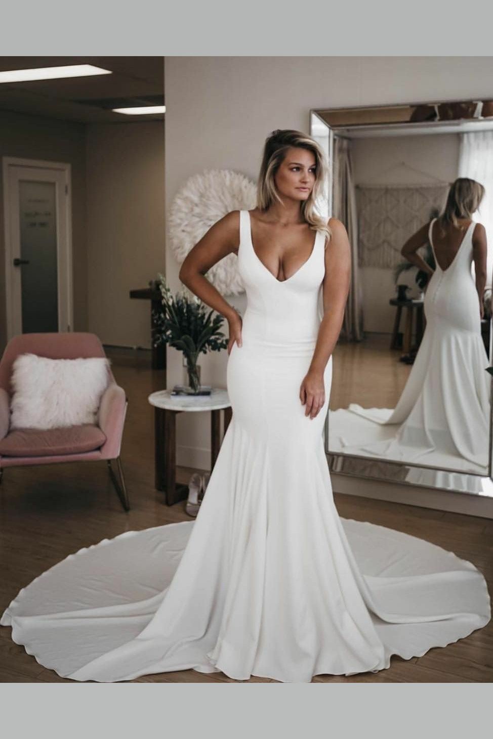 Sexy Mermaid Backless Cheap Satin Beach Wedding Dresses Minimalist - MyChicDress