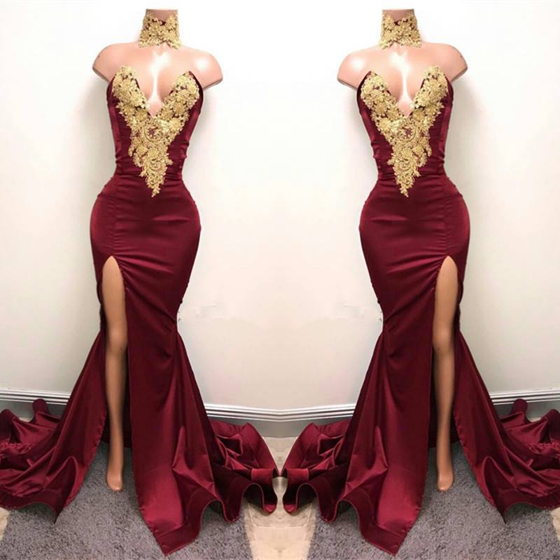 Sexy Mermaid Front-Split Lace High Neck Burgundy Prom Dresses - MyChicDress