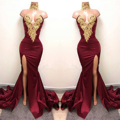 Sexy Mermaid Front-Split Lace High Neck Burgundy Prom Dresses - MyChicDress