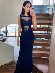 Sexy Mermaid Lace Navy Blue Prom Dresses Sleeveless Evening Gowns MyChicDress