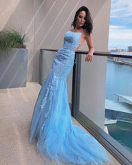 Sexy Mermaid Light Blue Lace Prom Dresses Open Back MyChicDress