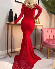 Sexy Mermaid Long Sleeves Red Lace Prom Dresses MyChicDress