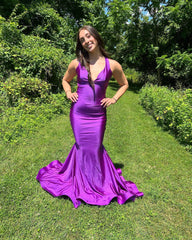 Sexy Mermaid Purple 2024 Prom Dresses Simple Long V Neck Formal Dress MyChicDress