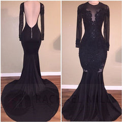 Sexy Mermaid Tulle Long-Sleeves Black Prom Dresses - MyChicDress