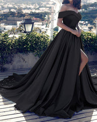 Sexy Off Shoulders Satin Black Long Evening Formal Dress Split Wedding Guest Dress MyChicDress