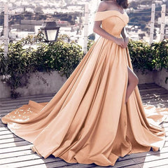 Sexy Off Shoulders Satin Black Long Evening Formal Dress Split Wedding Guest Dress MyChicDress