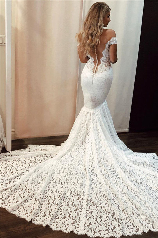 Sexy Off-the-Shoulder Floral Lace Beach Wedding Dresses MyChicDress