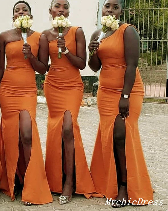 Sexy One Shoulder Mermaid Orange Bridesmaid Dresses UK with Split MyChicDress