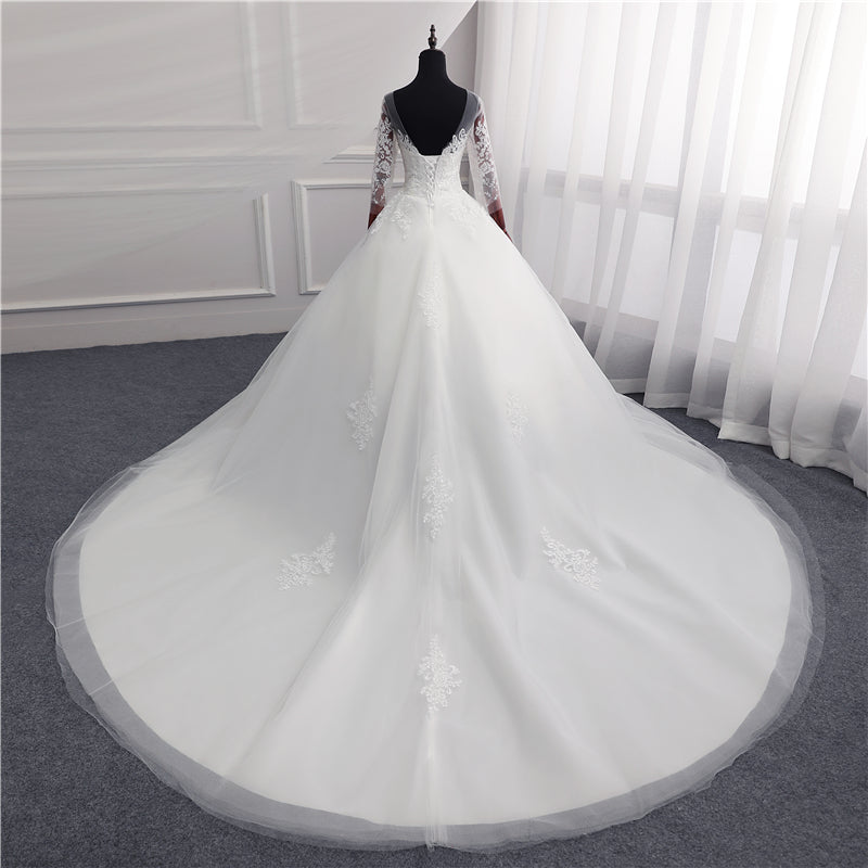 Sexy Open Back Lace Ball Gown Wedding Dresses Appliques Sleeves MyChicDress