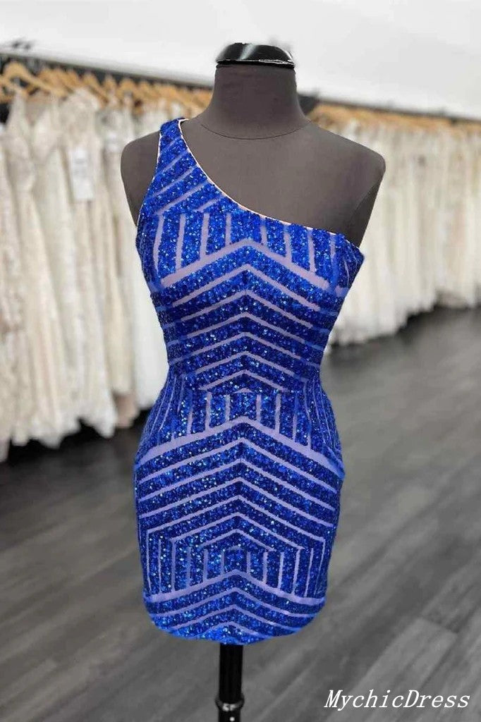 Sexy Sequin Homecoming Dresses One Shoulder Sleeveless Tight Dress MyChicDress