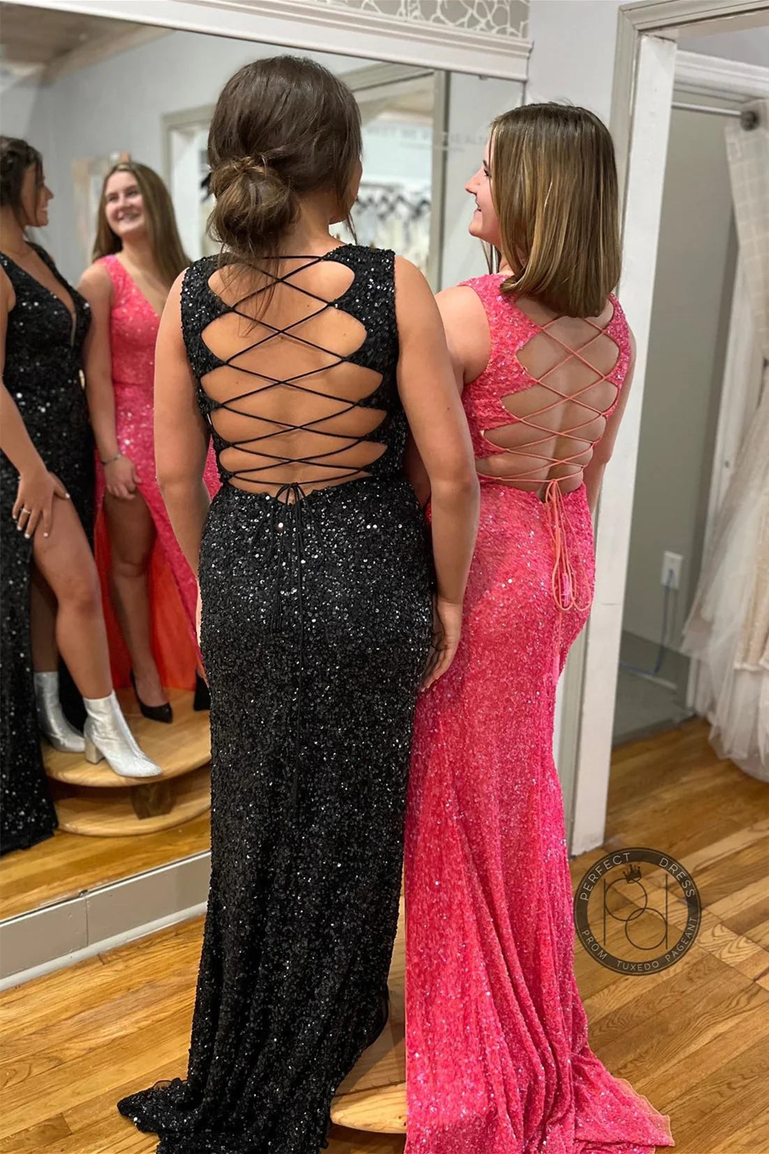 MyChicDress Sexy Sequins Long Fitted Prom Dress Mermaid V Neck Lace Up Back with Slit US4 Custom Color