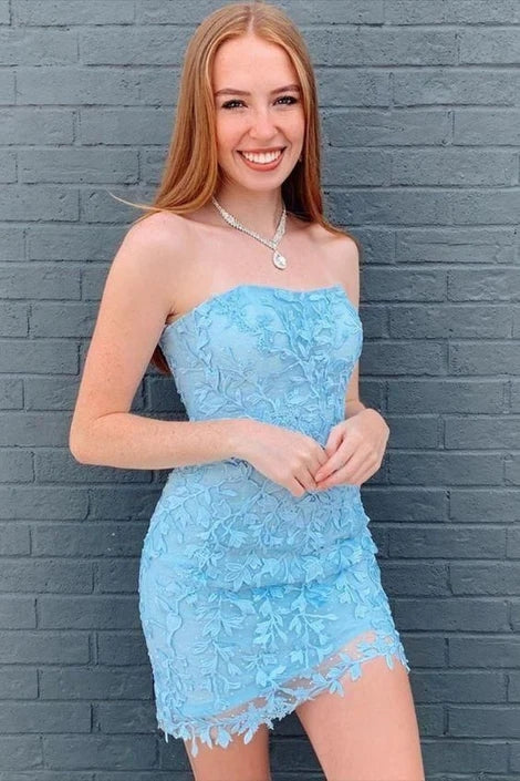 Sexy Short Strapless Tight Lace Homecoming Dresses Blue MyChicDress