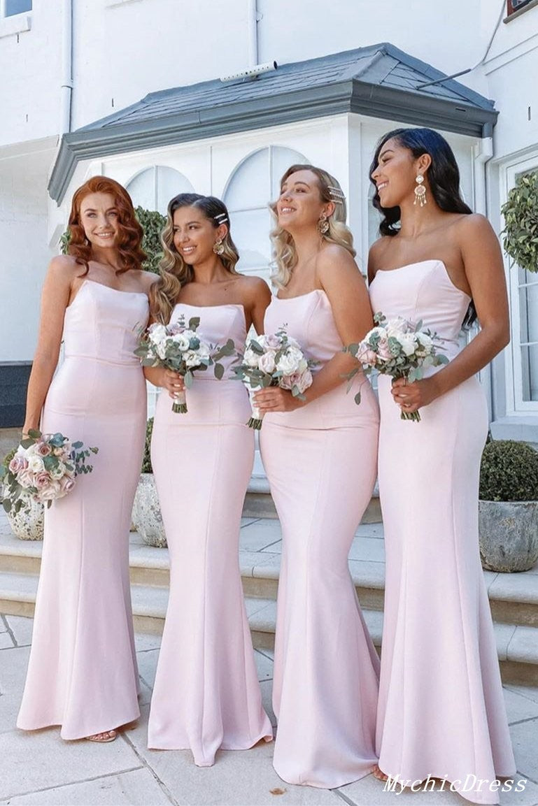 Sexy Strapless Long Pink Bridesmaid Dresses Satin Wedding Guest Dress MyChicDress