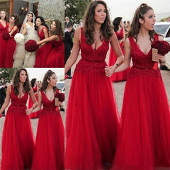 Sexy V-neck Beads Appliques Cheap Red Bridesmaid Dresses - MyChicDress