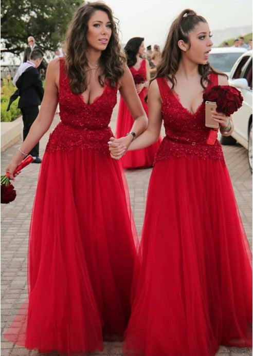 Sexy V-neck Beads Appliques Cheap Red Bridesmaid Dresses - MyChicDress