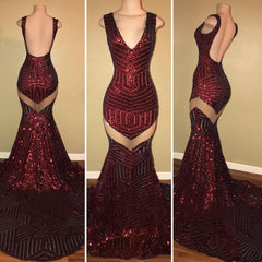 Sexy V-neck Black Sequined Burgundy Prom Dresses - MyChicDress