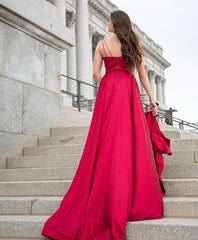 Sexy V neck Split Backless Red Bridesmaid Dresses with pockets Dress - MyChicDress